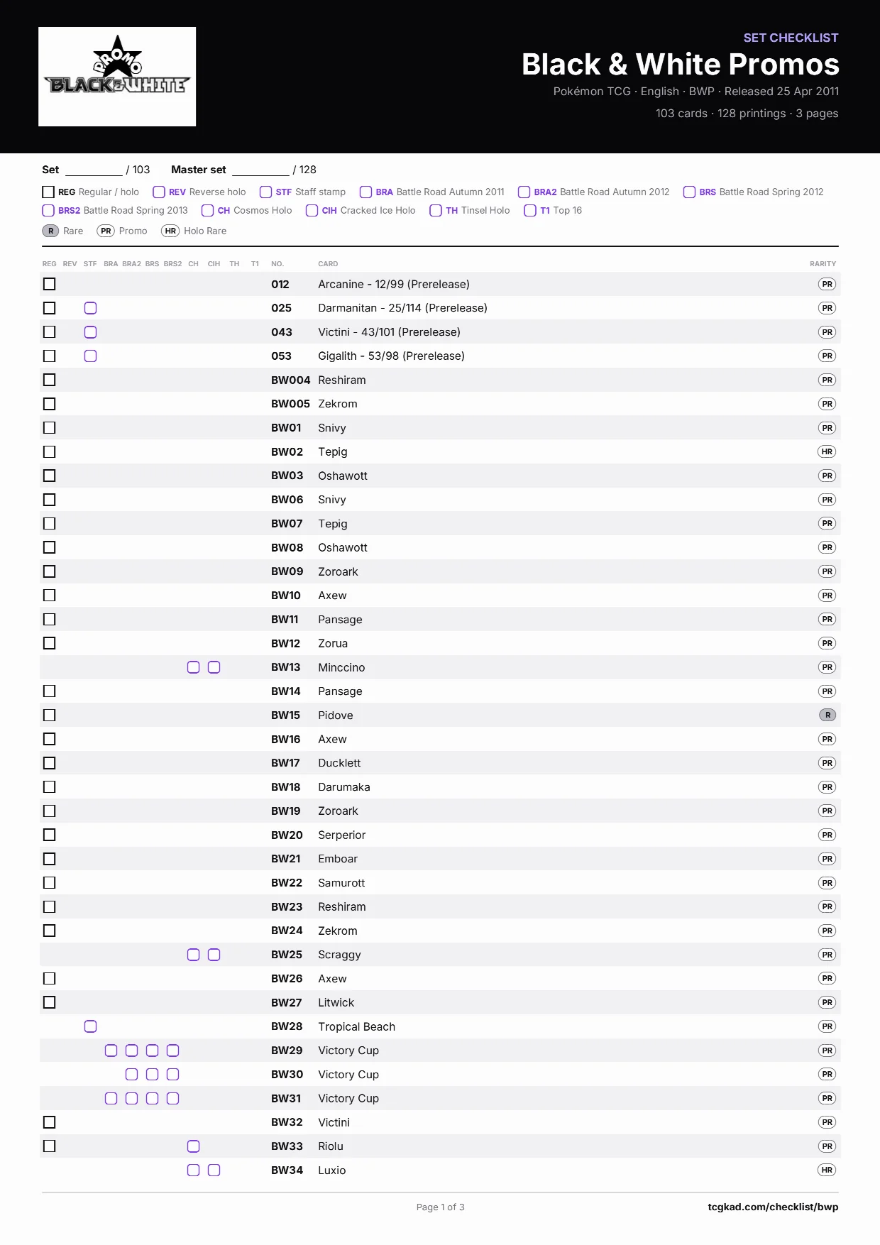 Black & White Promos checklist, page 1 of 3