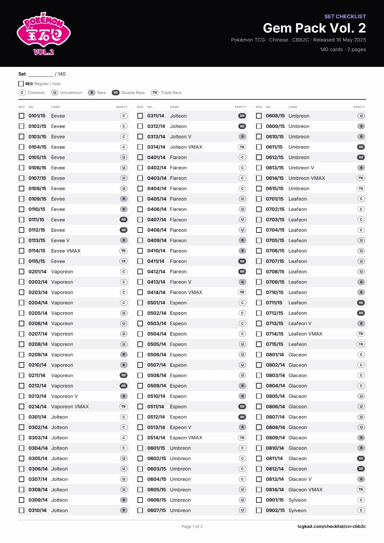 Gem Pack Vol. 2 checklist, page 1 of 2