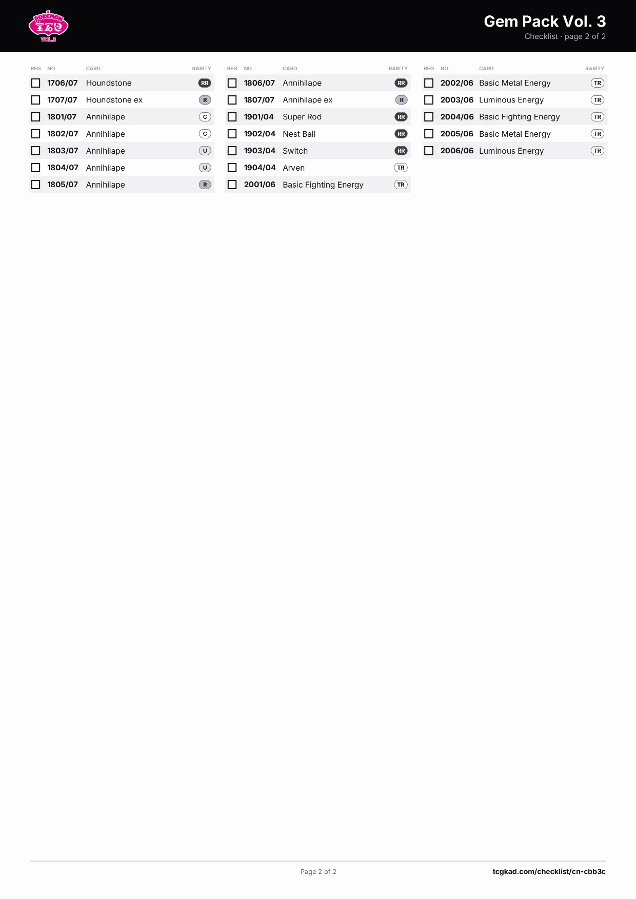 Gem Pack Vol. 3 checklist, page 2 of 2