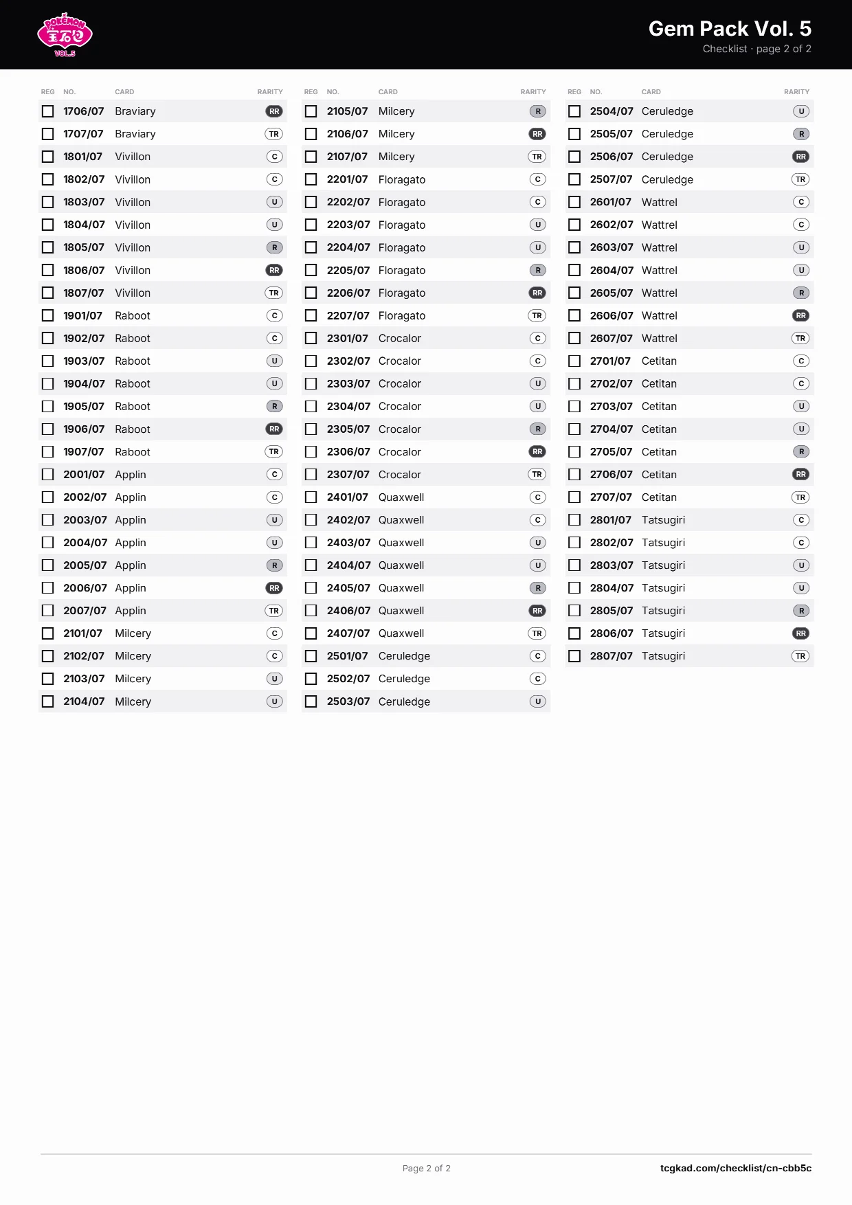 Gem Pack Vol. 5 checklist, page 2 of 2