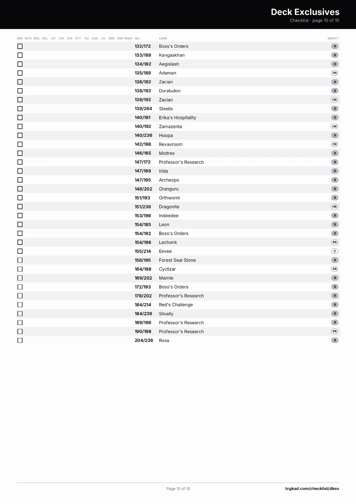 Deck Exclusives checklist, page 10 of 10