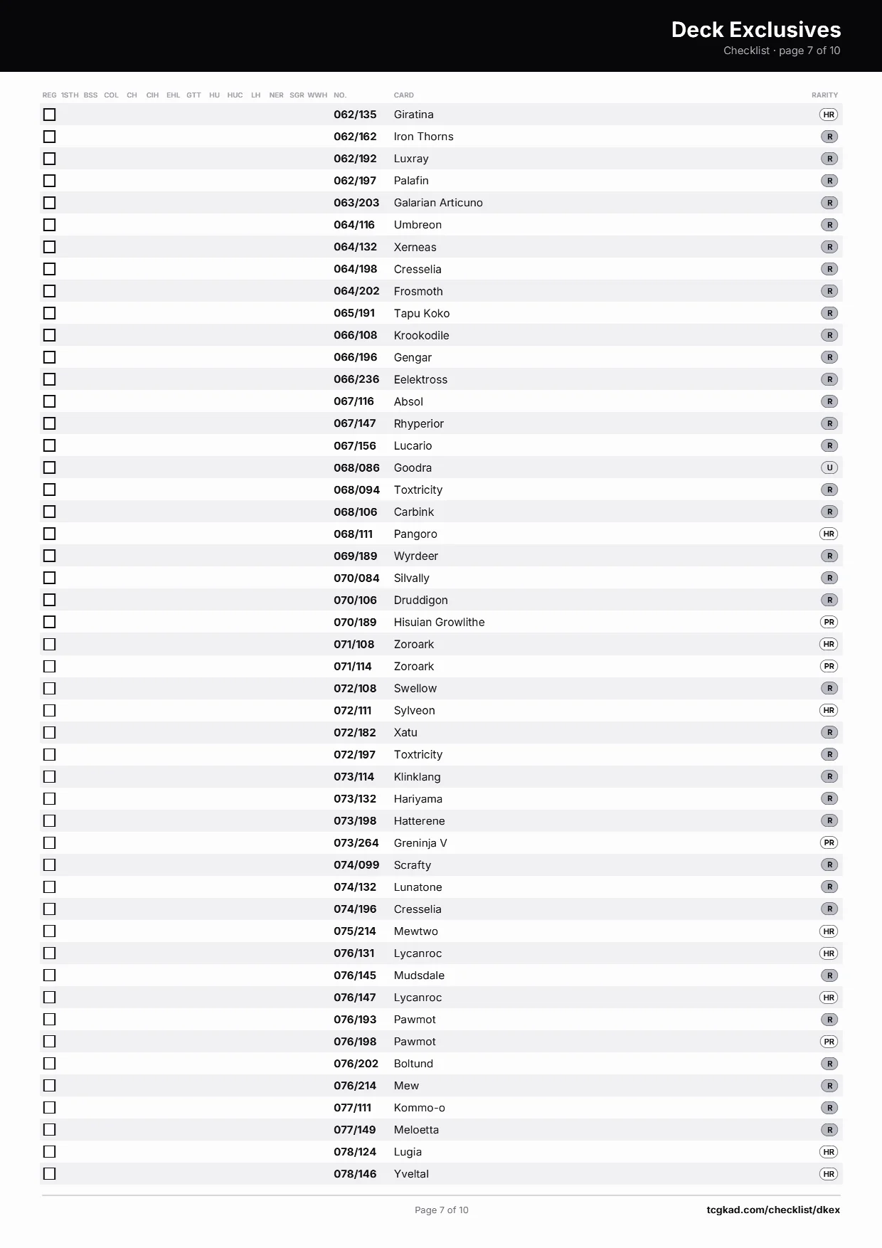 Deck Exclusives checklist, page 7 of 10