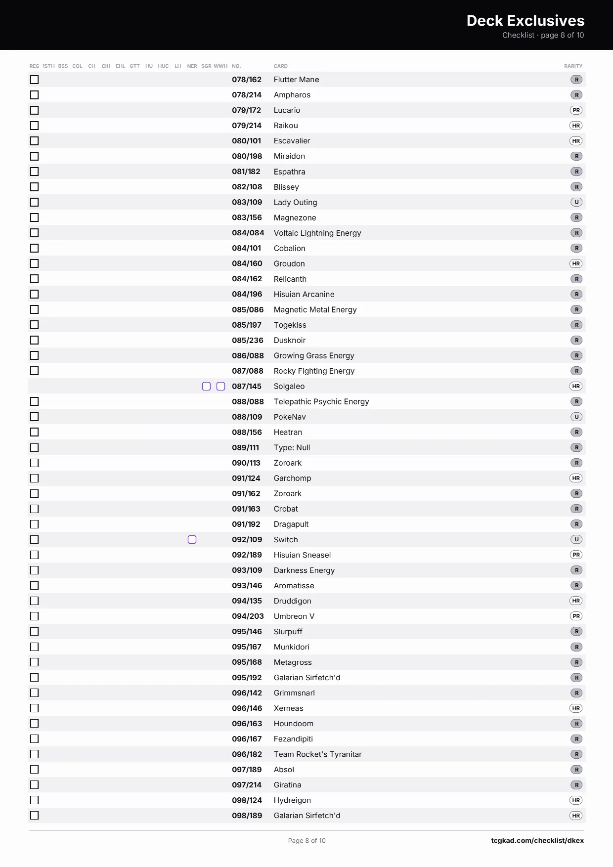 Deck Exclusives checklist, page 8 of 10
