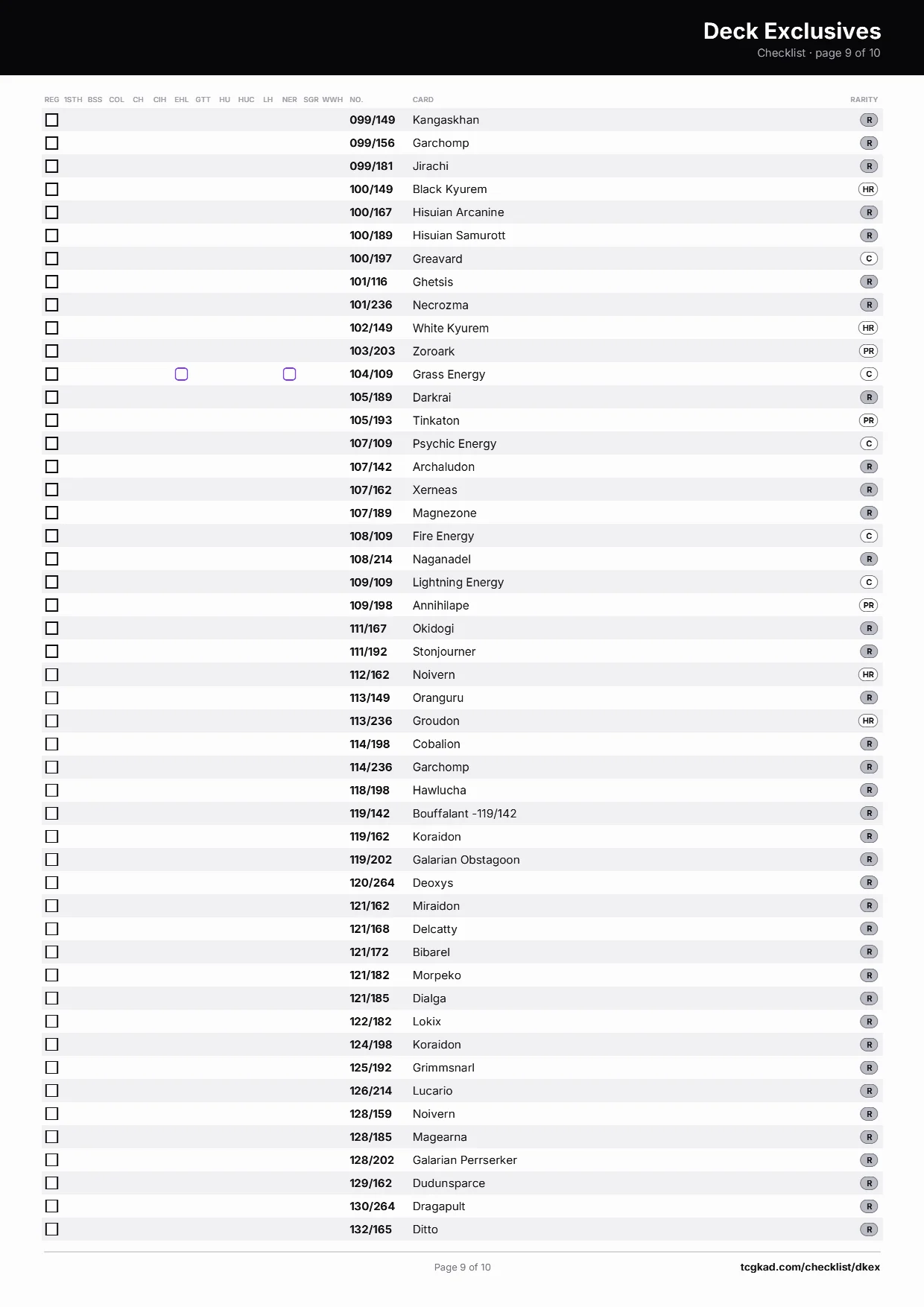 Deck Exclusives checklist, page 9 of 10