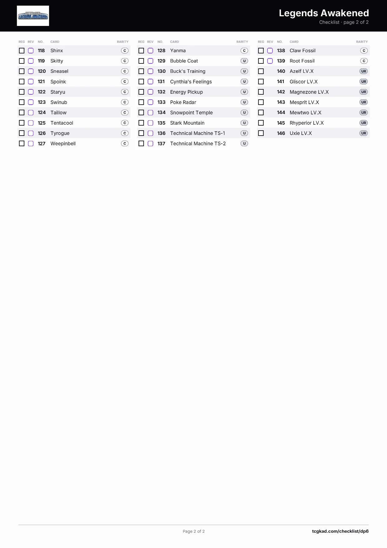 Legends Awakened checklist, page 2 of 2