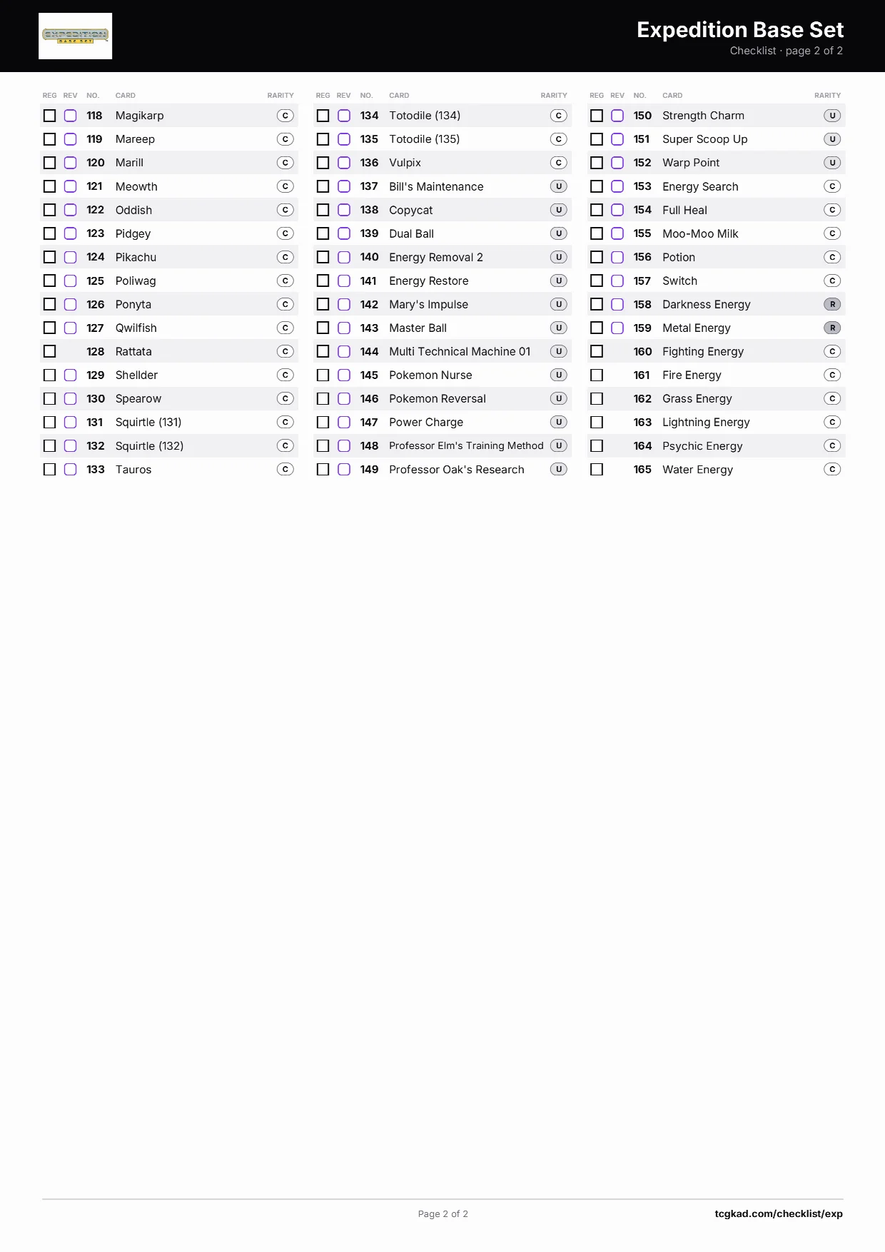 Expedition Base Set checklist, page 2 of 2