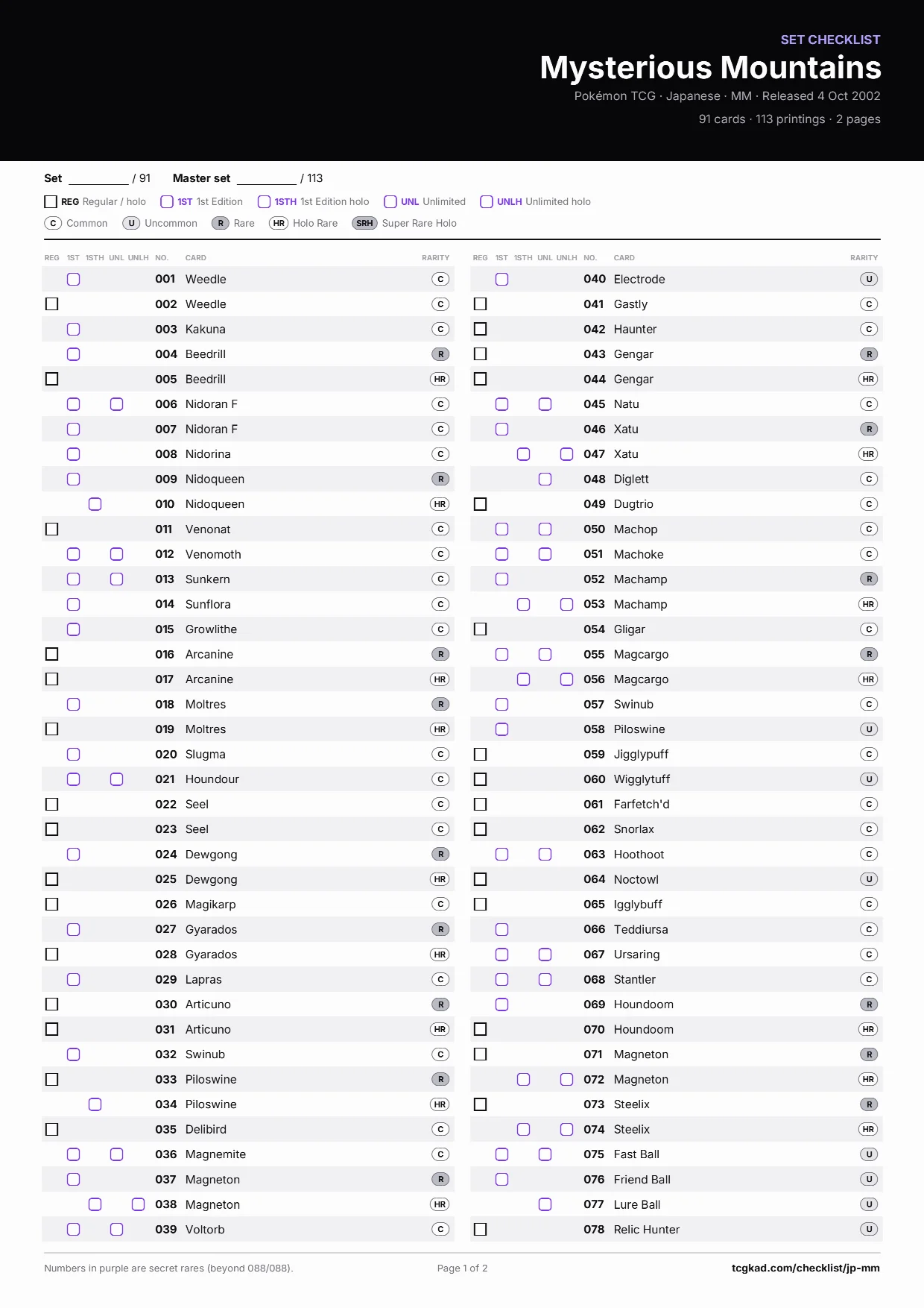 Mysterious Mountains checklist, page 1 of 2