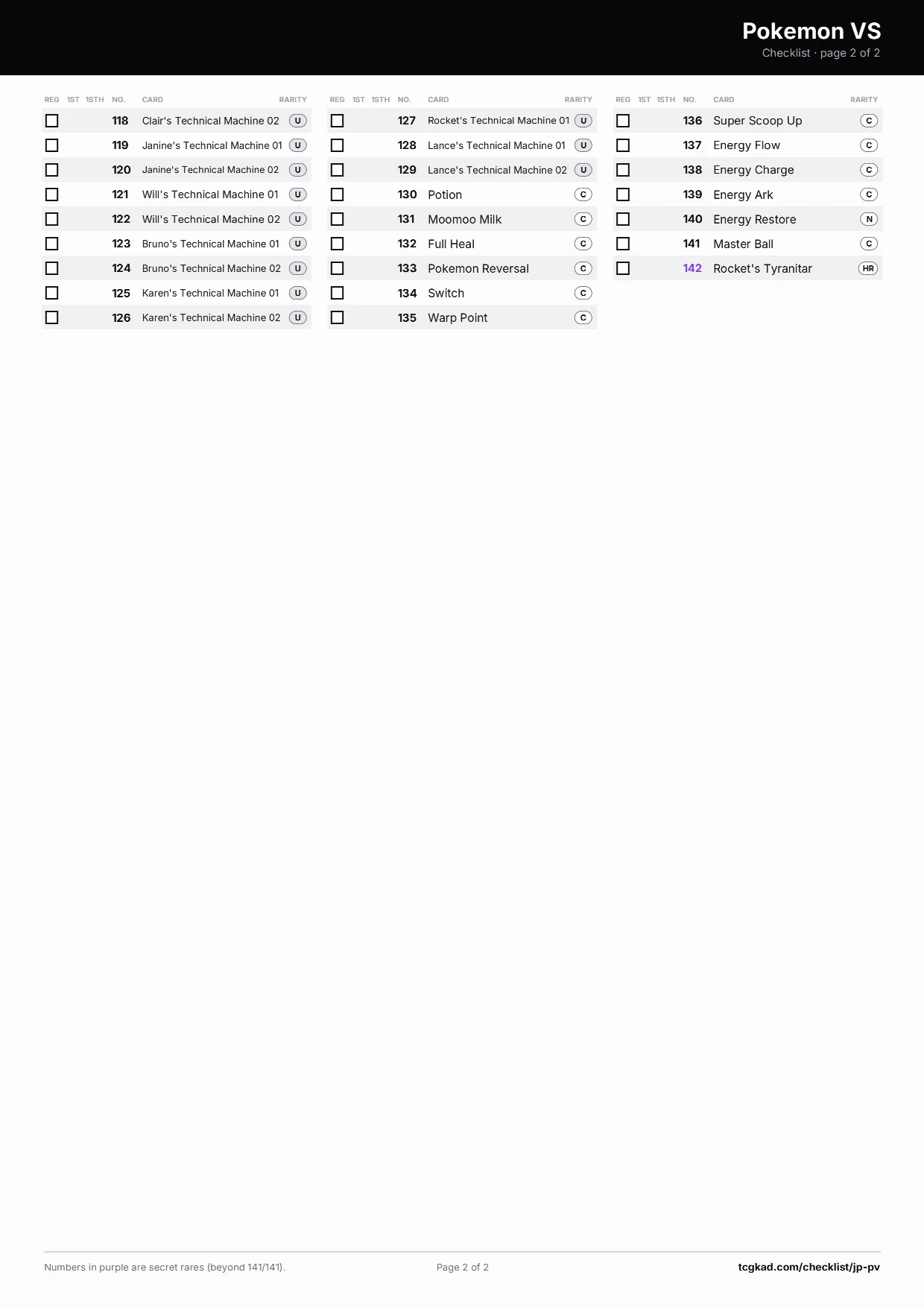 Pokemon VS checklist, page 2 of 2