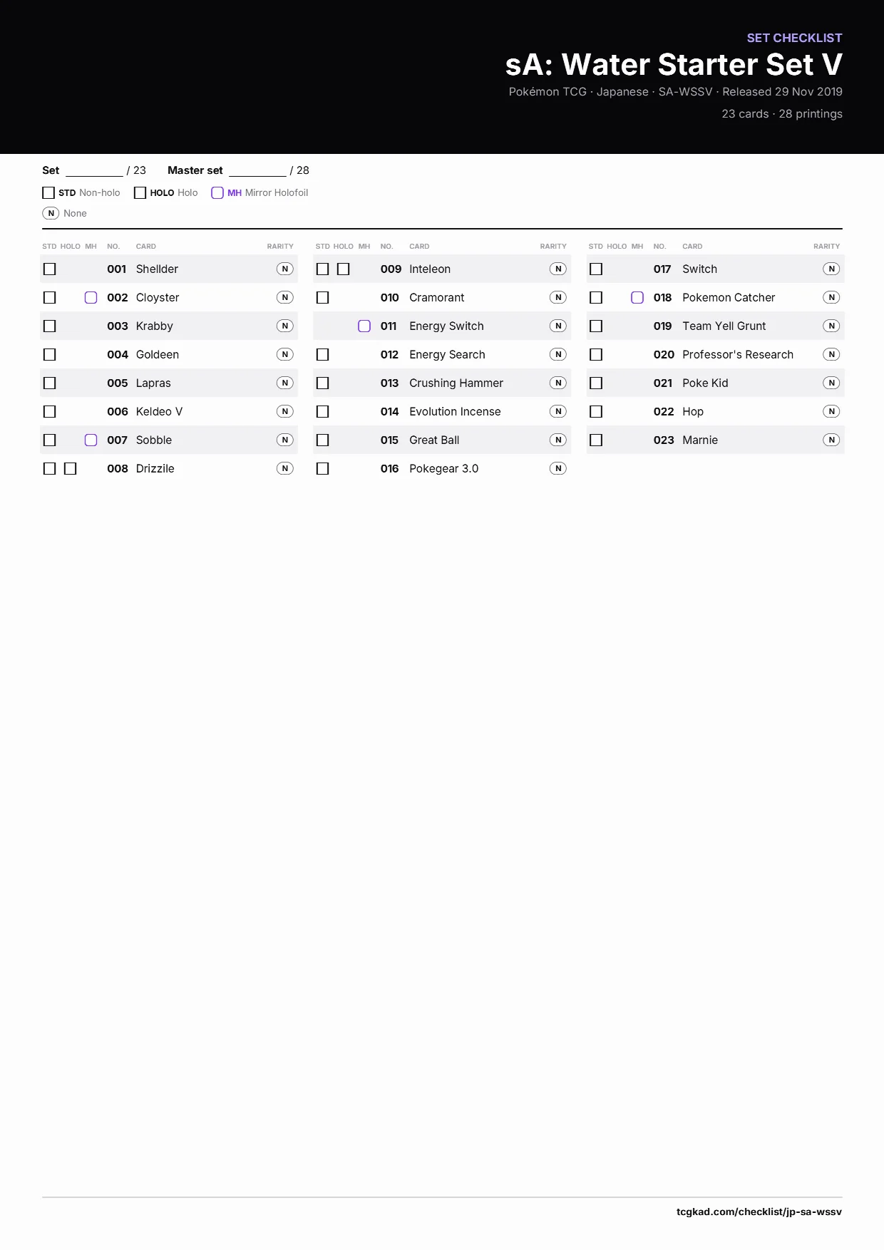 sA: Water Starter Set V checklist