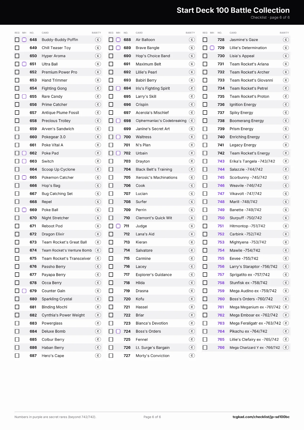 Start Deck 100 Battle Collection checklist, page 6 of 6