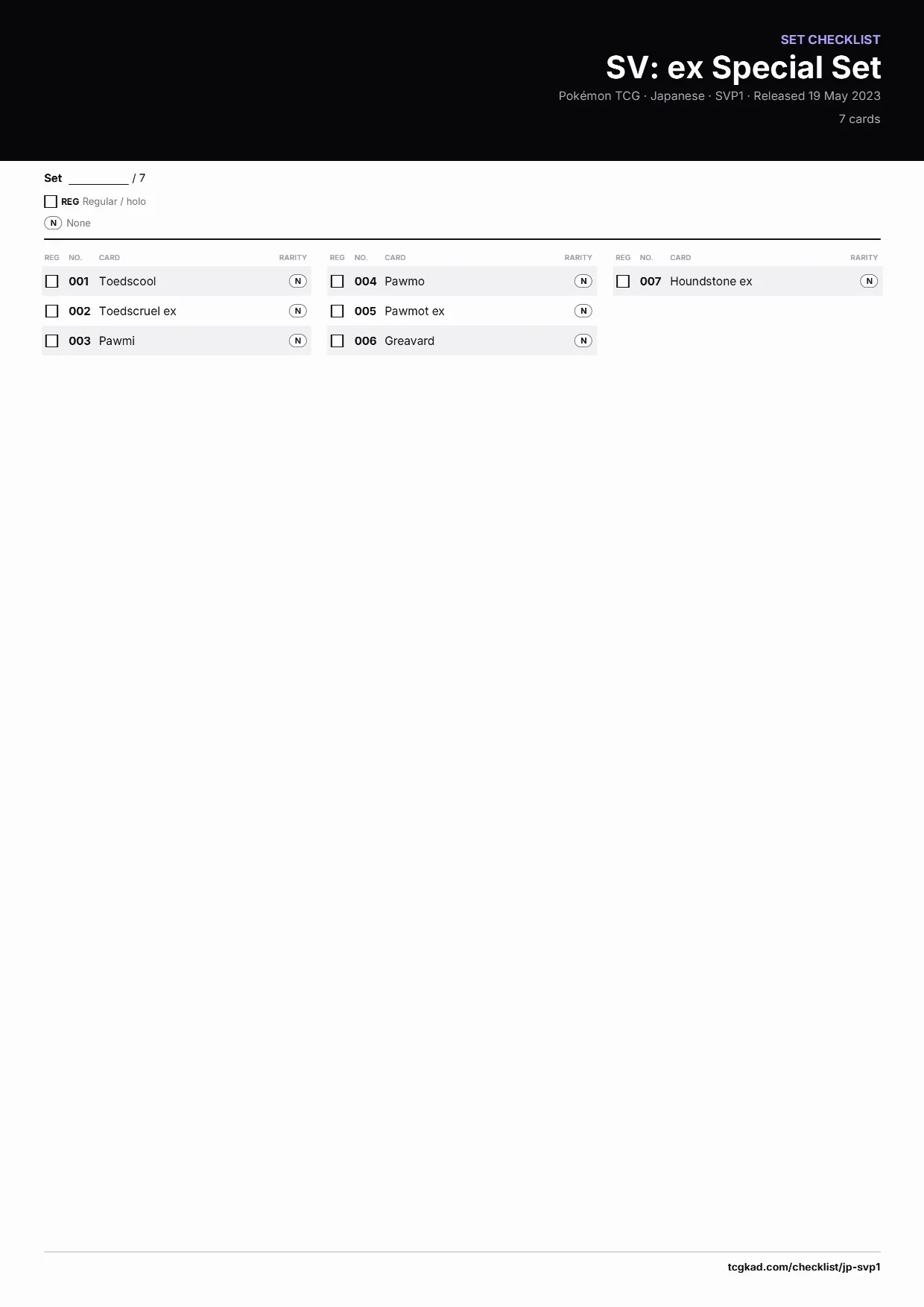 SV: ex Special Set checklist