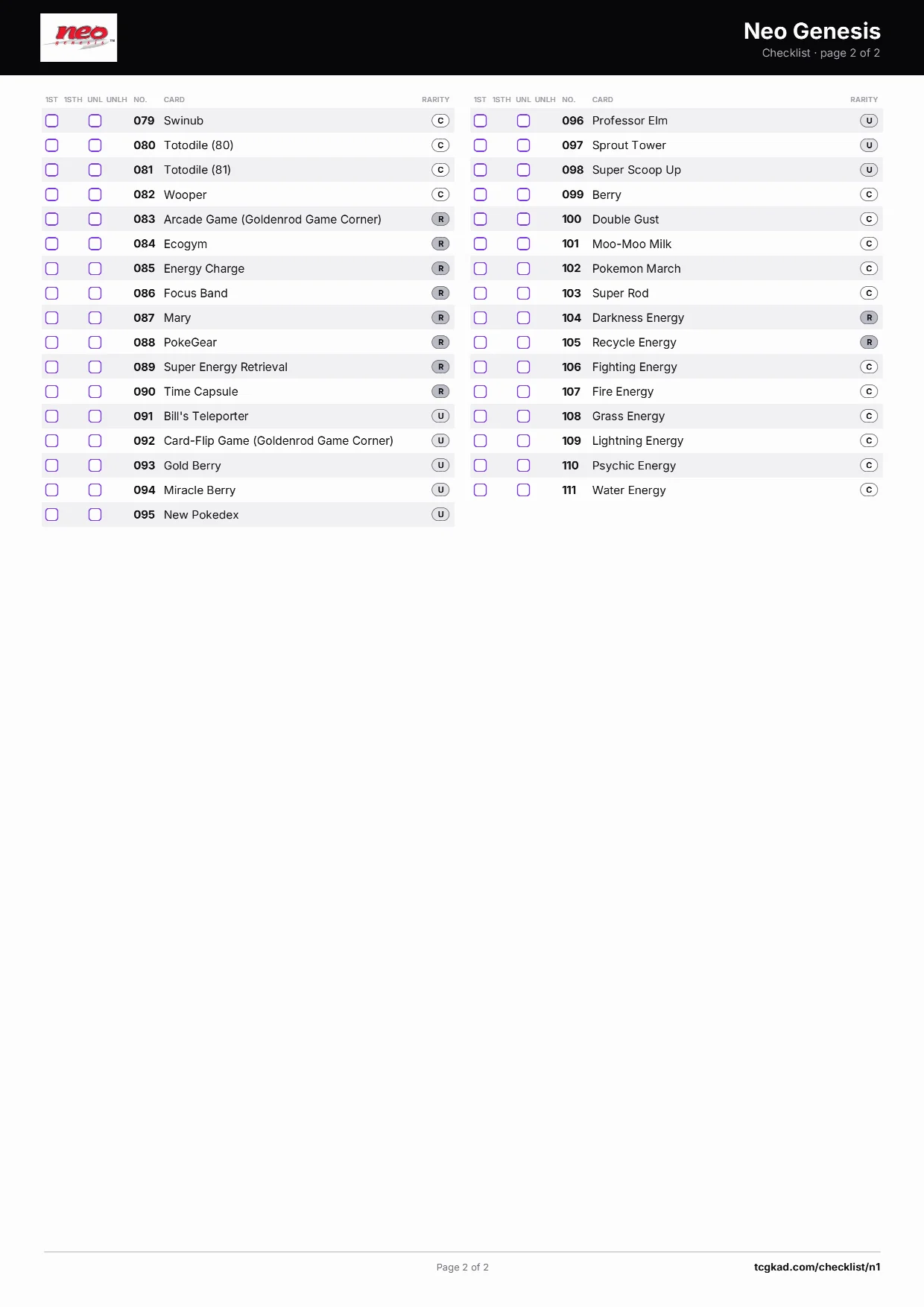 Neo Genesis checklist, page 2 of 2