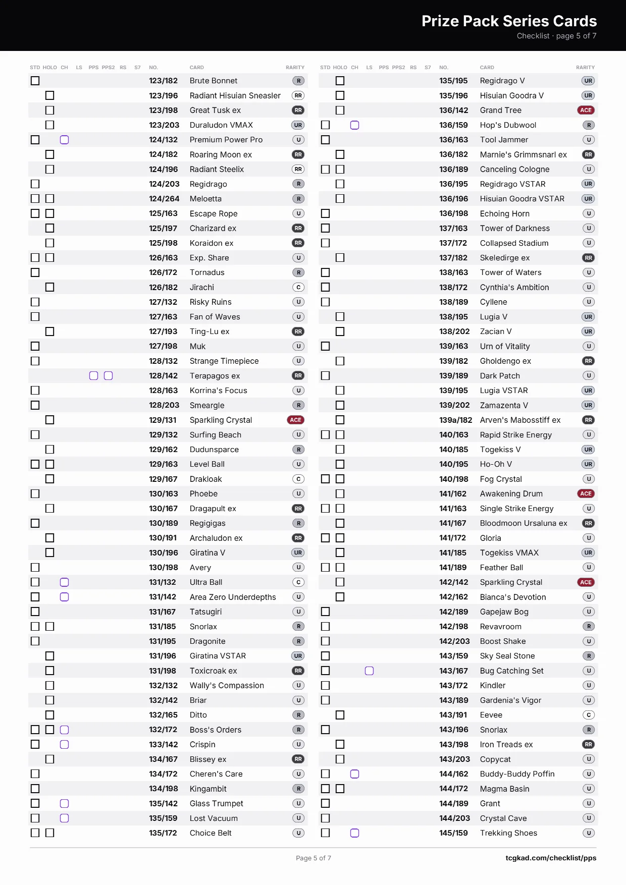 Prize Pack Series Cards checklist, page 5 of 7