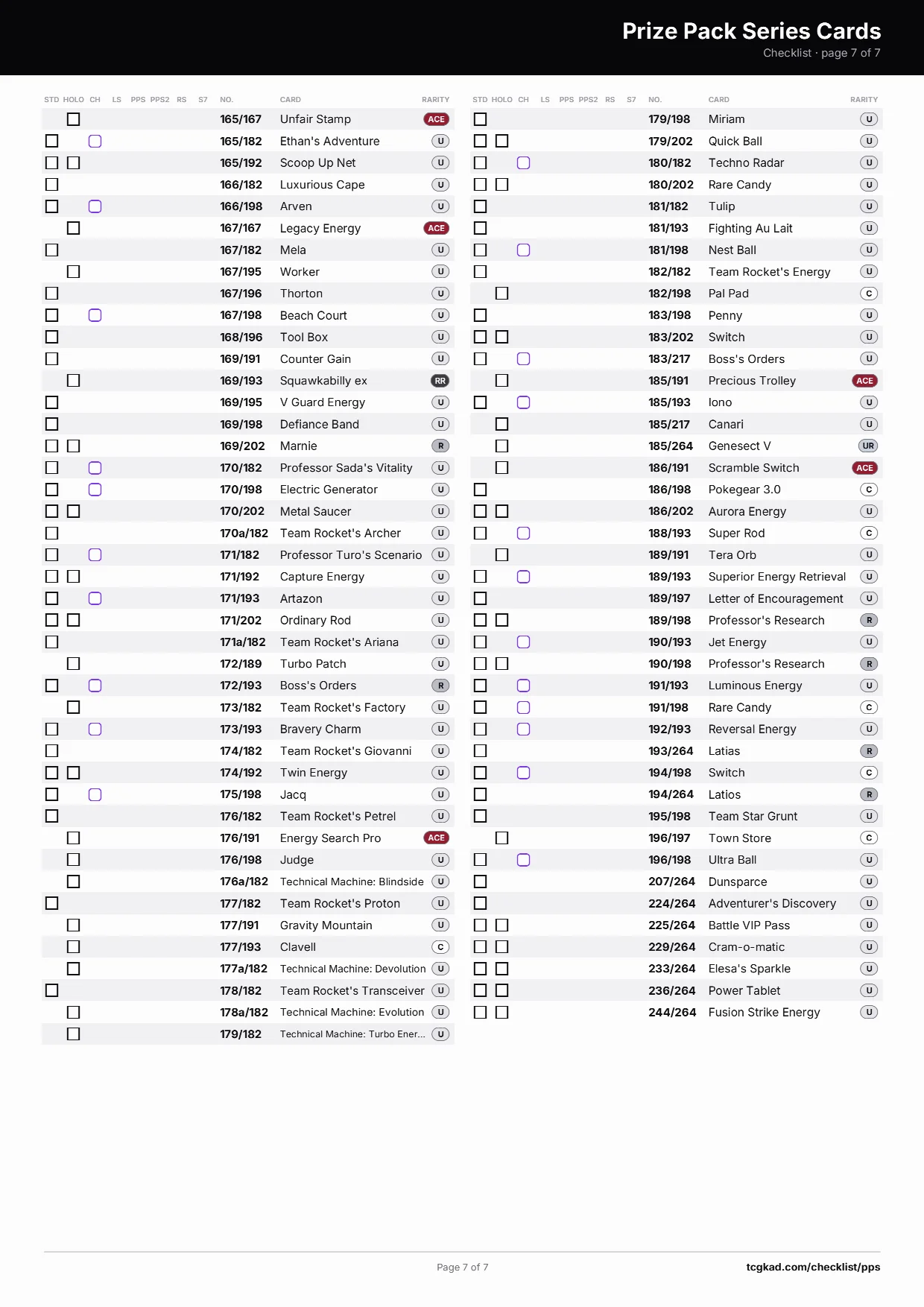 Prize Pack Series Cards checklist, page 7 of 7