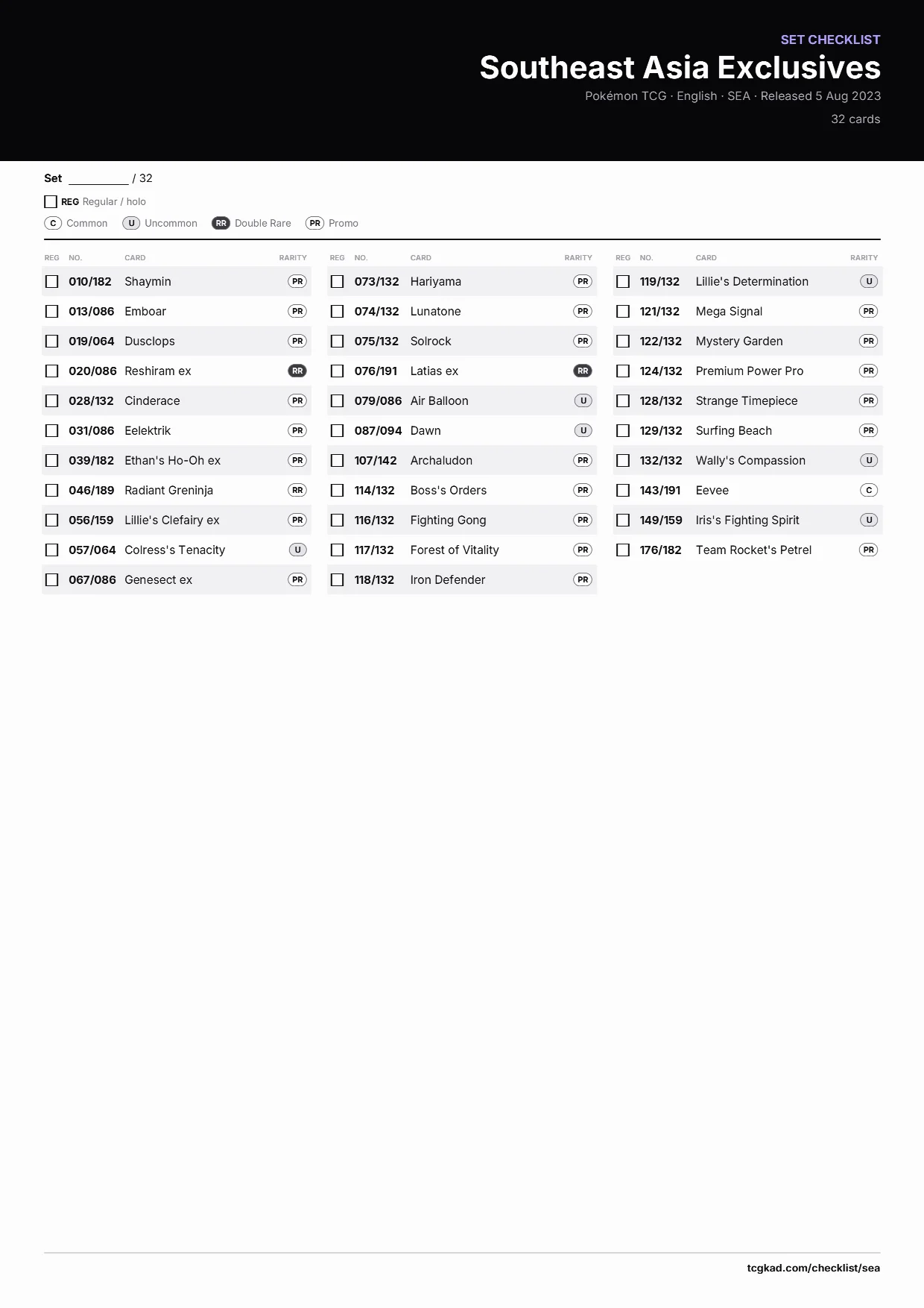 Southeast Asia Exclusives checklist